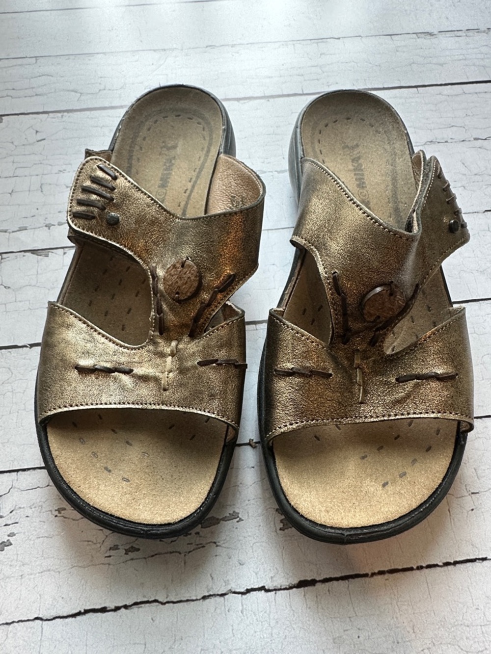 Romika Metallic Bronze Slide Sandals with Decorative Stitching